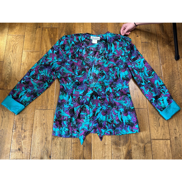 Joan Walters Tops - VTG Joan Walters Teal Pink Colorful Leaf Floral Print Button Up Blouse Sz 16